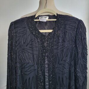 Vintage Brillante Black Beaded Open Front Oversized Long Jacket (Size: M)